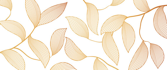 Wall Mural - Golden botanical leafy background. Luxury wallpaper with hand drawn golden leaves, leaves and branches. Elegant botanical design for banner, invitation, packaging, wall art.