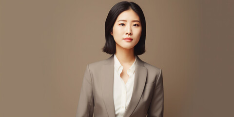 Generative AI, Beautiful young Asian girl in a beige business suit, a jacket and trousers on a plain background, a korean businesswoman, a boss, a place for text, a successful woman, office dress code