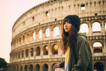 Photography in the style of pensive portraiture of a glad girl in her 20s holding a skateboard sporting a comfortable hoodie against the colosseum in rome italy. With generative AI technology