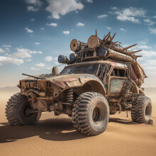 Landscape With Apocalyptic And Rusty Custom Car In The Desert, Mad Max Style. Monster Truck. Offroad 4x4 