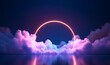 3d render, abstract neon background with illuminated cloud and round geometric arch. Mystical foggy scene, Generative AI