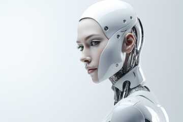 Portrait of a white anthropomorphic robot woman on a gray background, close-up. AI concept.