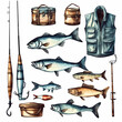 Set of river fish and fisherman vest