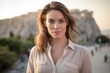 © Markus Schröder - Headshot portrait photography of a satisfied girl in her 30s holding a pen wearing a delicate silk blouse in front of the acropolis in athens greece. With generative AI technology