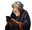 Starsza, uśmiechnięta, pozytywna kobieta z telefonem komórkowym.