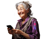 Fototapeta  - Starsza, uśmiechnięta, pozytywna kobieta z telefonem komórkowym.