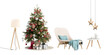 Christmas tree in a living room with modern furniture on white