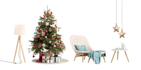 christmas tree in a living room with modern furniture on white