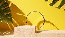 3d Render, Abstract Summer Yellow Background With Tropical Leaf Shadow And Bright Sunlight. Minimal Showcase Scene With Cobblestones And Silver Ring For Organic Cosmetic Product, Generative AI