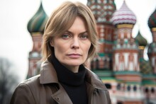 Medium Shot Portrait Photography Of A Tender Mature Woman Biting Lip Wearing A Professional Suit Jacket In Front Of The Saint Basils Cathedral In Moscow Russia. With Generative AI Technology