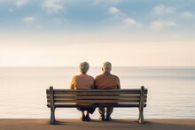 Elderly Couple Sitting On A Park Bench Looking At The Horizon, Love Life. Generative AI