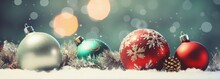 Decorative Christmas Balls And Snow On Bokeh Background, Holiday And Celebration Concept. Generative AI