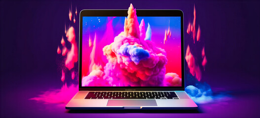 Watch as a rocket adorned with a cloud soars past a laptop, embodying the convergence of technology and innovation