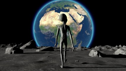 Wall Mural - scary gray alien walking on the surface of the moon. planet earth is visible. ufo futuristic concept