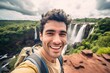 © Markus Schröder - Close-up portrait photography of a grinning boy in his 30s pointing forward donning a delicate lace choker at the iguazu falls argentina-brazil border. With generative AI technology