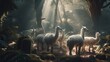 Illustration of llamas with their flocks in the forest