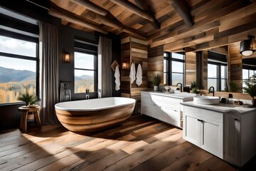 Wall Mural - modern bathroom interior, Amazing bathroom with wooden wall and floor