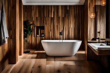 Wall Mural - modern bathroom interior, Amazing bathroom with wooden wall and floor