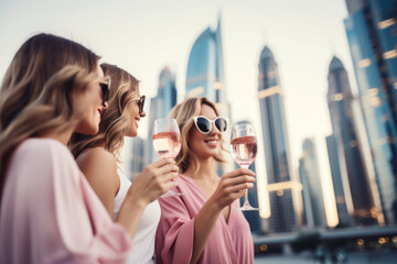 Wall Mural - Group of happy rich and stylish woman friends clinking with glasses of wine, celebrating holiday in Dubai with skyline and skyscrapers in the background