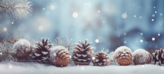 Wall Mural - Panoramic banner with snowy pine and larch cones - copy space for your Christmas text