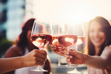 Wall Mural - Group of happy female friends celebrating holiday clinking glasses of rose wine in Dubai