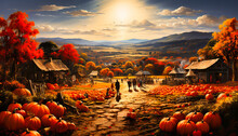 A Harvest Festival In An Idyllic Countryside, Featuring Pumpkin Patches, Scarecrows, And Families Enjoying Apple Picking