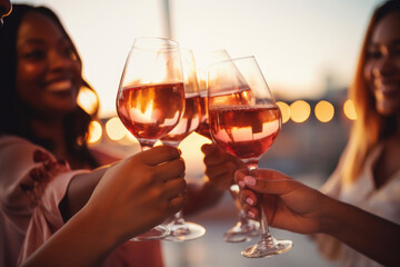 Wall Mural - Group of happy female friends celebrating holiday clinking glasses of rose wine in Dubai