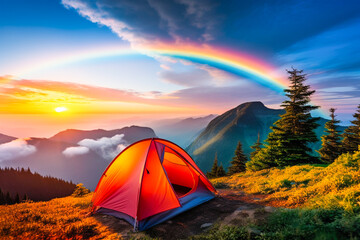 Wall Mural - Ai generated image of tent on the top mountain with rainbow view