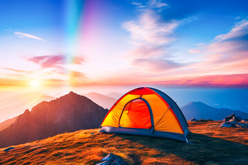 Wall Mural - Ai generated image of tent on the top mountain with rainbow view