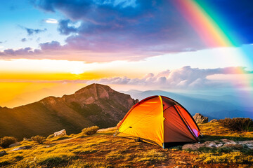 ai generated image of tent on the top mountain with rainbow view