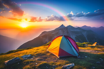 Wall Mural - Ai generated image of tent on the top mountain with rainbow view