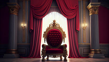 The Throne Room With Gold Royal Chair On A White Background Of Red Curtains. Place For The King. Throne, Luxury Armchair,  Ai Generated Image