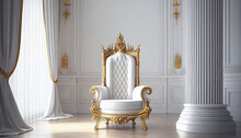 The Throne Room With Gold Royal Chair On A White Background Of White Curtains. Place For The King. Throne, Classic Chair In The Room, Ai Generated Image