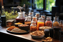 Various Seasonings On Table In Home Kitchen
