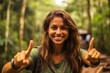 © Markus Schröder - Close-up portrait photography of a happy girl in her 30s making a peace sign wearing a trendy off-shoulder blouse at the amazon rainforest in brazil. With generative AI technology