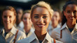 © ReneLa/Peopleimages - AI - Group of smiling stewardess cabin crew. Friendly service travel concept