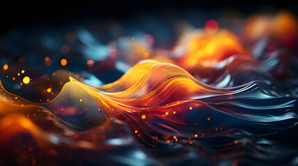 Abstract 3d rendering of water surface with golden bokeh.