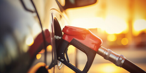 refueling pistol in the gas tank of a car at a gas station.  