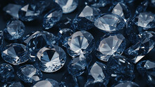 Shiny Diamonds Brilliants Gemstones On Dark Background. Blue Diamonds Crystal Jewel Light Reflect Texture Background.