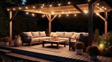 Simple Patio Furniture And String Lights Surrounded By Greenery At Night.