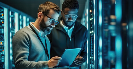 Poster - IT Technician works on laptop computer and black male engineer colleague in Data Center while working next to server racks running diagnostics or doing maintenance work.