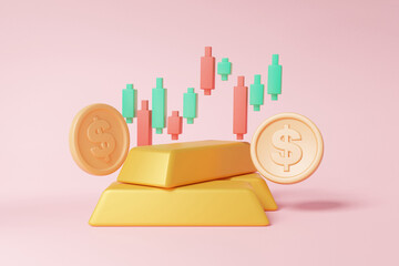 Poster - Gold bar trading buy, sell, with trade stock coins dollar financial business investment. growth statistics trader concept. transactions currency exchange, cartoon minimal. 3d rendering illustration