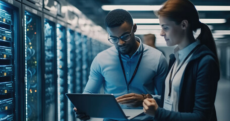 Aufkleber - IT Technician works on laptop computer and woman colleague in data center while working next to server racks running diagnostics or doing maintenance work.