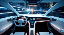 Future Technologies, Interior Of A Self-driving Car Controlled By An Artificial Intelligence Autopilot.