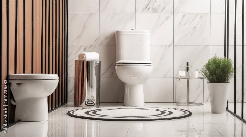 Modern toilet room interior, Classic white ceramic toilet bowl with ...