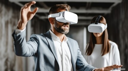 Poster - Analyzing Building Structure, Man client wearing VR glasses imagining future interior with designer at the construction site.