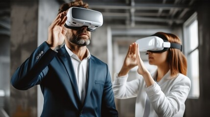 Poster - Analyzing Building Structure, Man client wearing VR glasses imagining future interior with designer at the construction site.