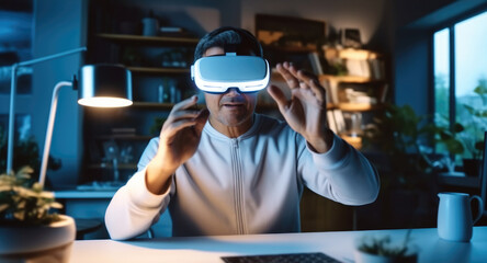 Poster - Man wearing a VR headset and interacting with virtual screens at home, Experiencing virtual reality.