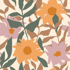 Seamless pattern with abstract flowers and leaves in autumn colors