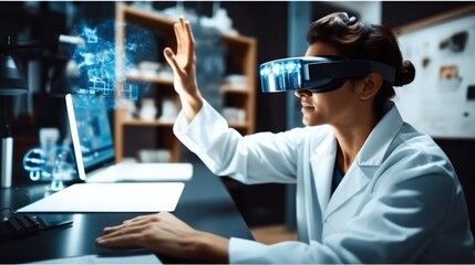 Wall Mural - Scientist woman wearing a VR headset and interacting with virtual reality in the science lab, Interacting with virtual reality, Science, chemistry, technology.